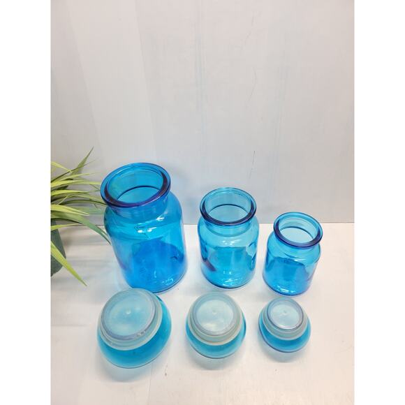3 Vintage Belgium Blue Glass Bubble Top Apothecary Canister Jars - Picture 3 of 5